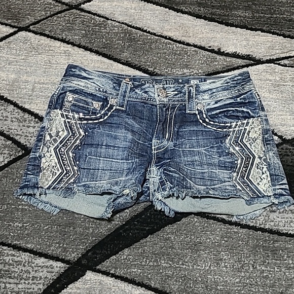 Miss Me Pants - MISS ME SIGNATURE RHINESTONES SEQUINS LACE EMBROIDERED DENIM JEAN SHORTS